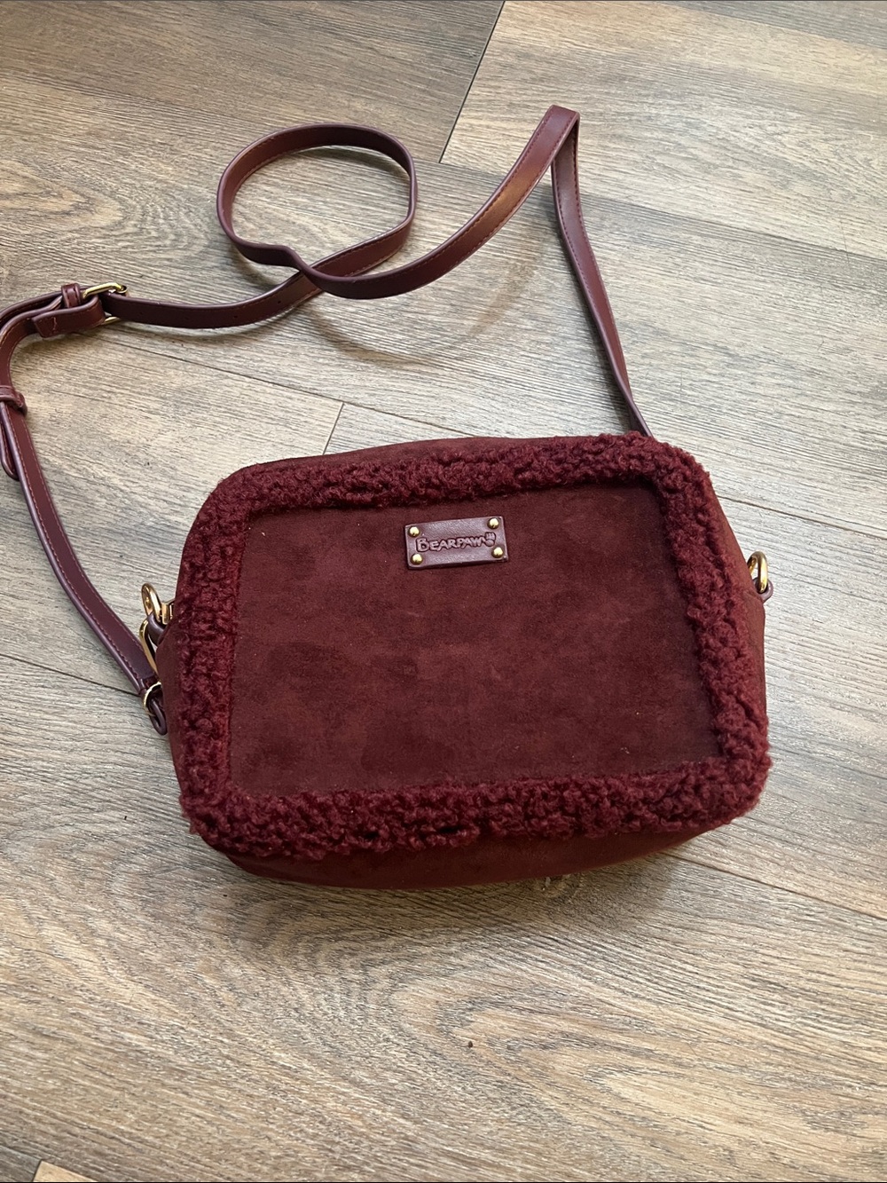 BearPaw Wine Sherpa-Trim Suede Crossbody Bag